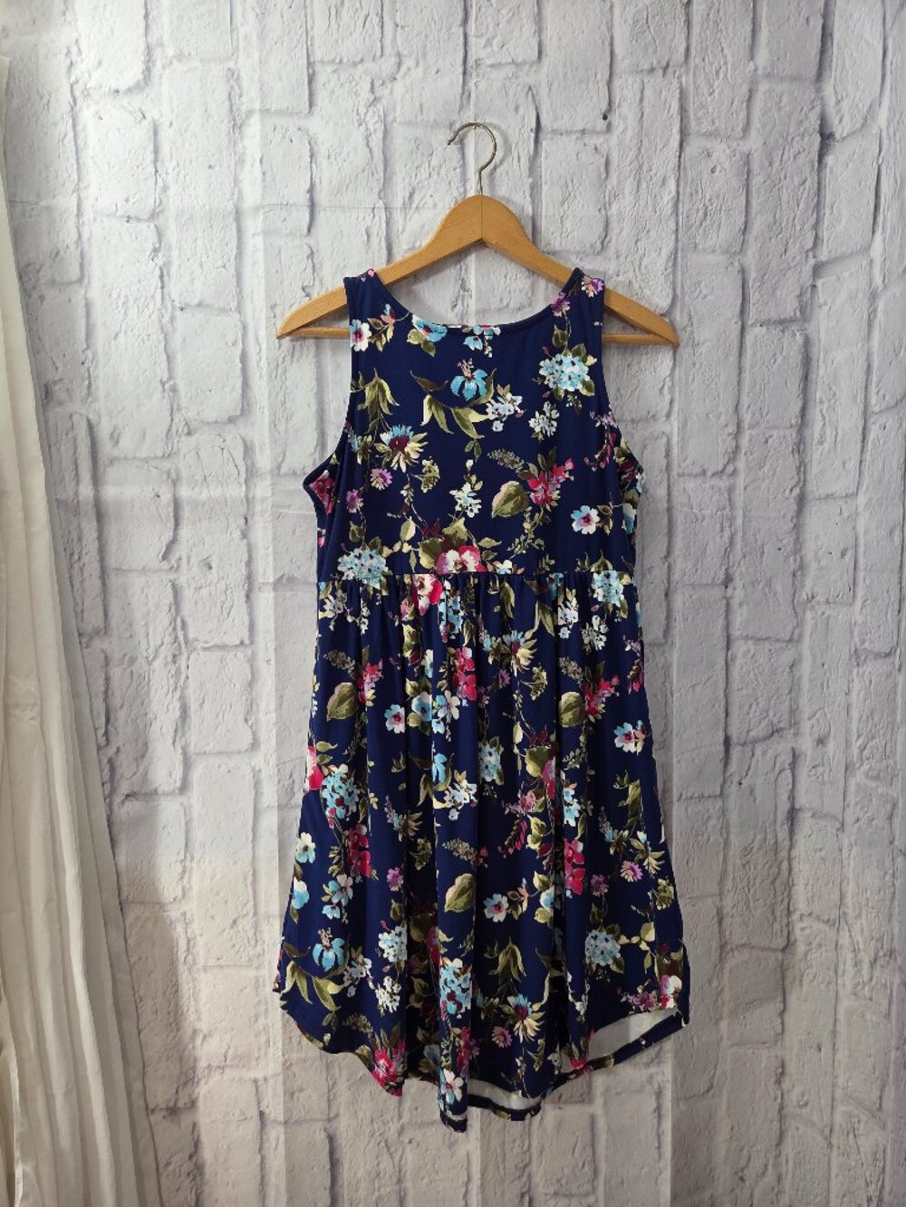 Emerald Medium Blue Floral Knee Length Casual Summer Tank Dress